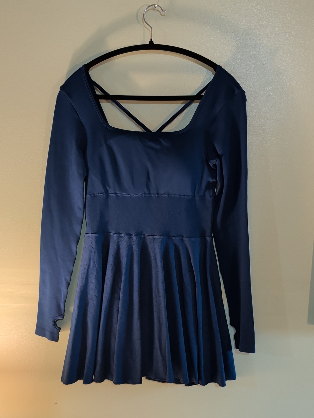 Long Sleeve Cobalt Fit-and-Flare Dress with Crossback Straps & Built In Shorts